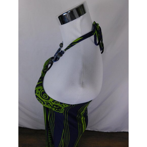 Carole Little Blue Green Halter Maxi Dress 4 - Beaded Neckline - Excellent - Picture 4 of 12